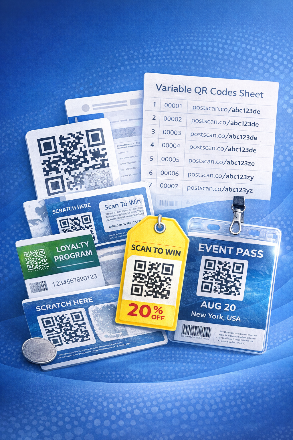 QR coupon, loyalty card, scratch card and ticket examples